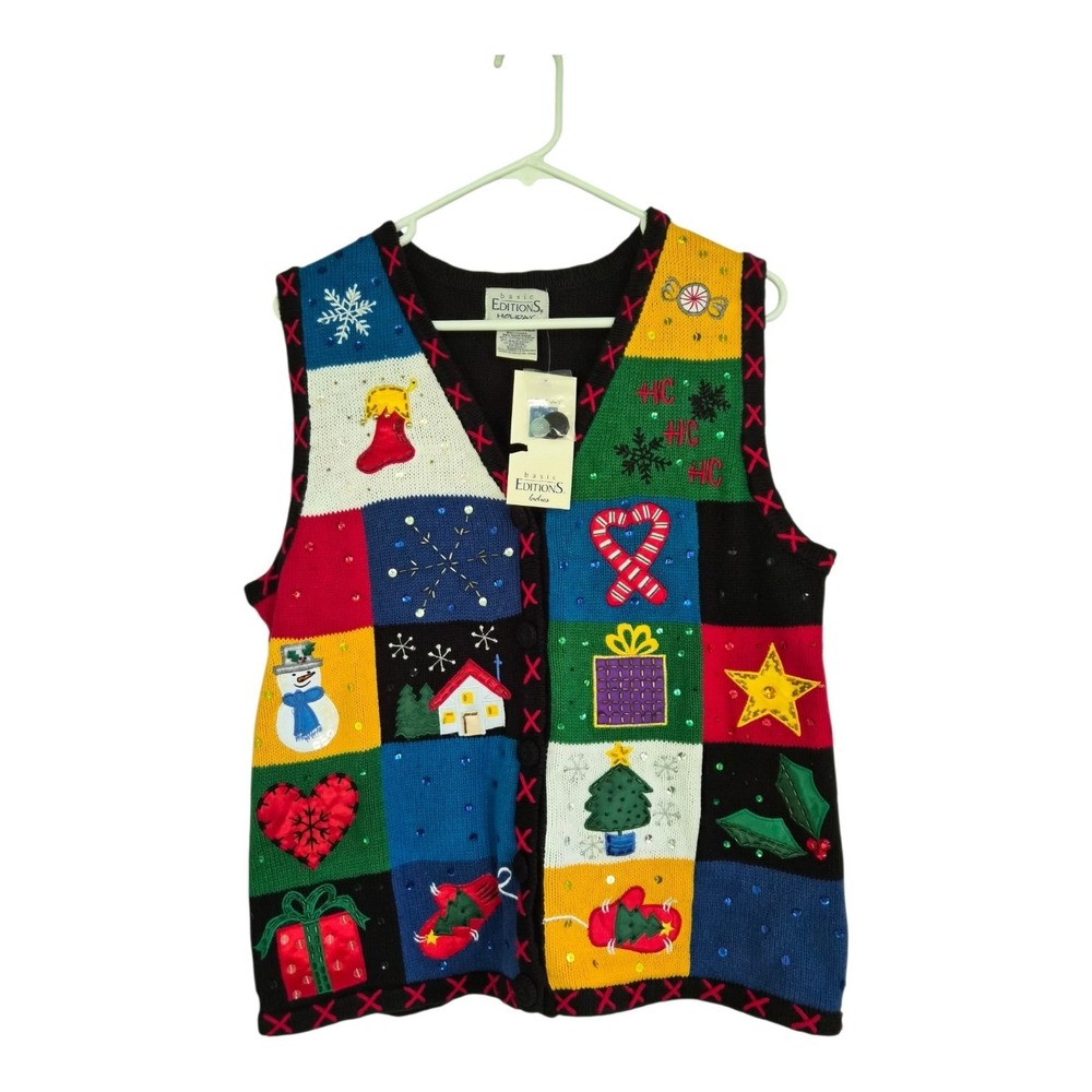 Vintage Basic Editions Holiday Christmas Sweater Vest L Patchwork Applique NWT